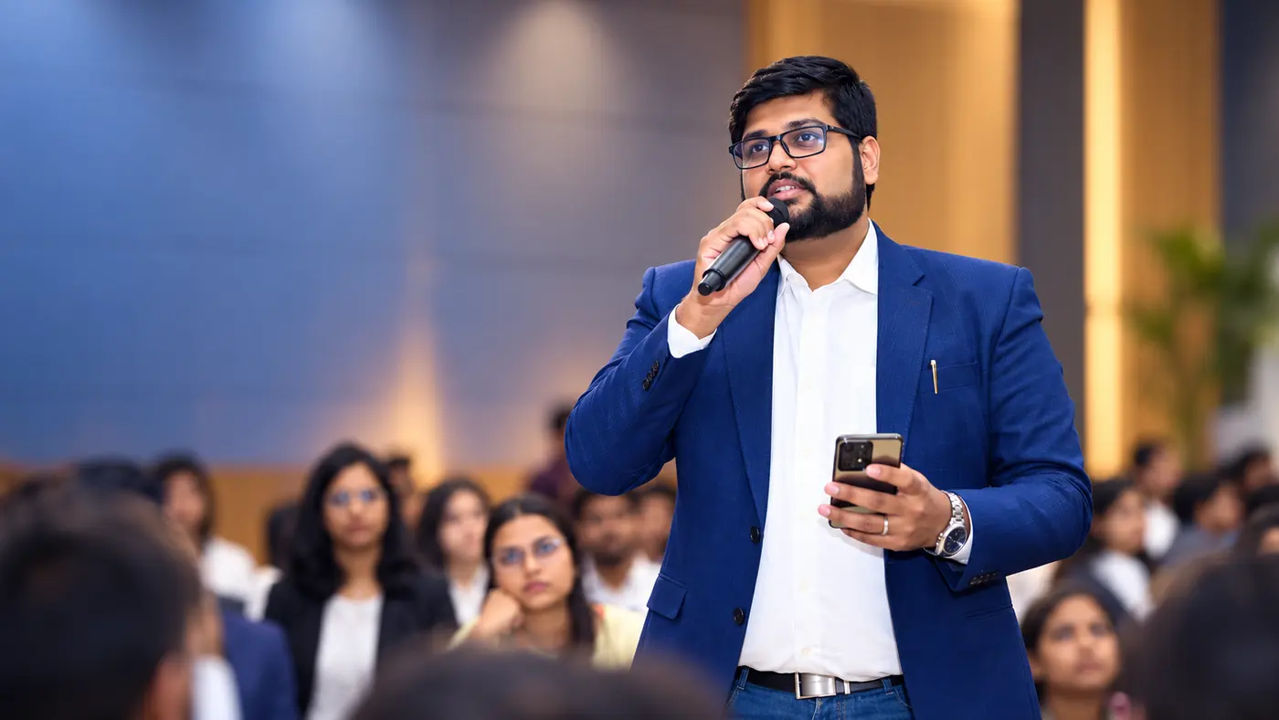 Angad Kulkarni speaking with a microphone to an audience of students and professionals